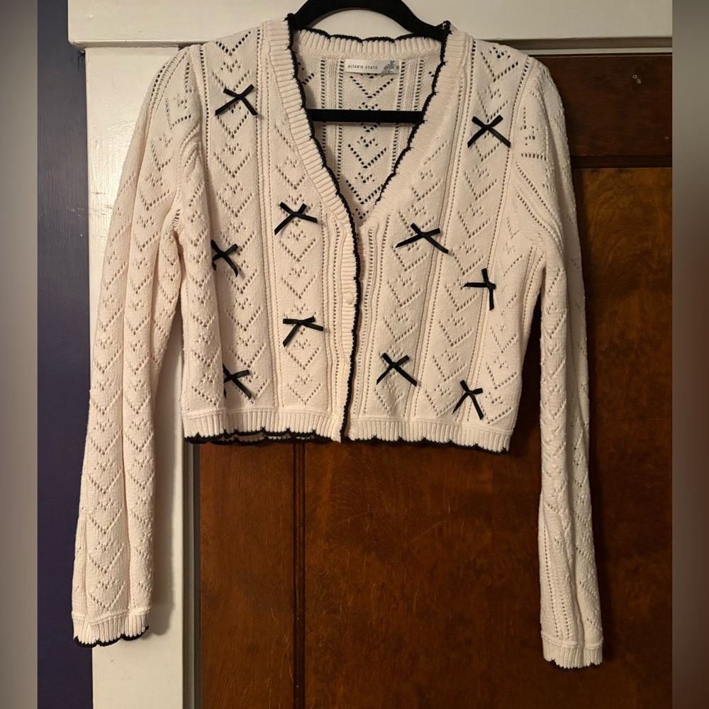 Altar'd State Cece Delicate Bow Cardigan in Ivory and Black Girly Cotton Blend - Picture 4 of 8